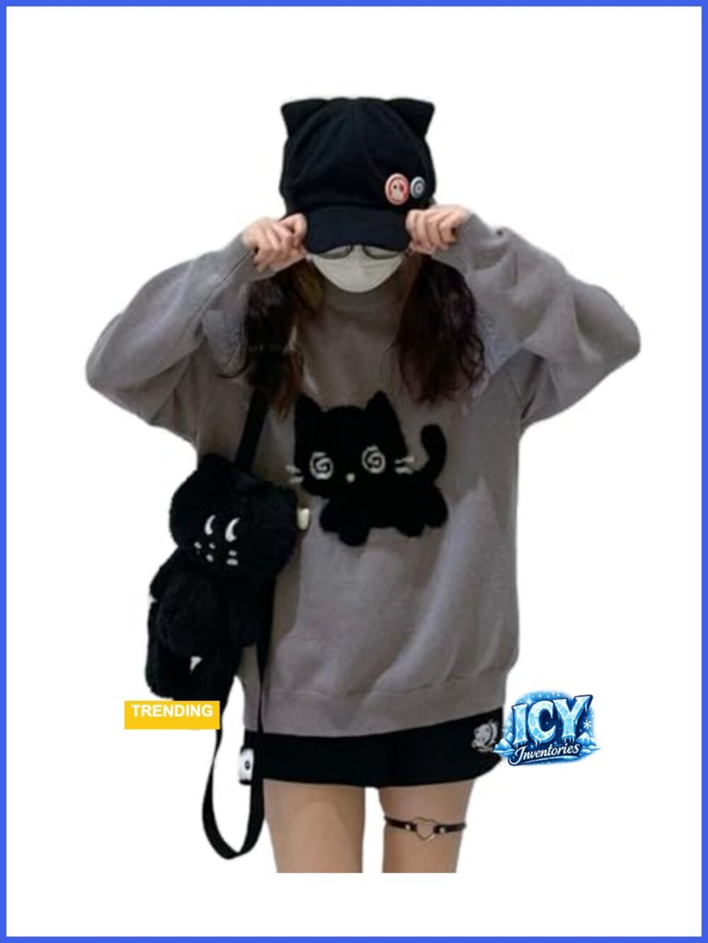 Kawaii Cat Print Long Sleeve Crew Neck Oversize Pullover Sweater